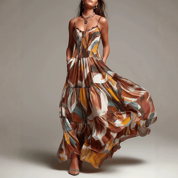 Vintage Abstract Print Spaghetti Strap A-Line Maxi Dress For Bohemian Holiday