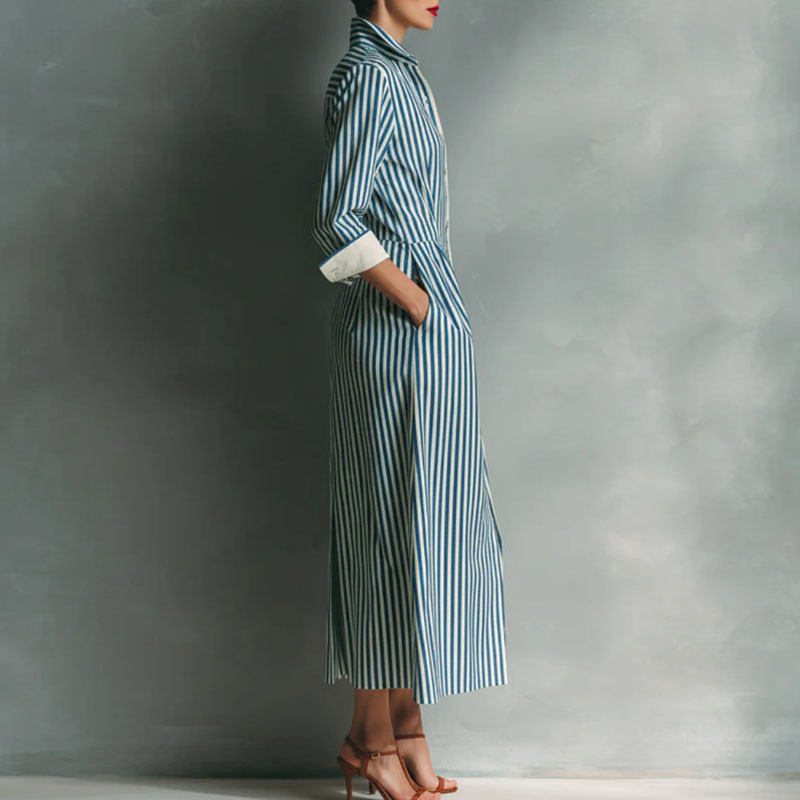 Vintage Striped Turn Down Collar Shirt Midi Dress For Resort Travel Casual