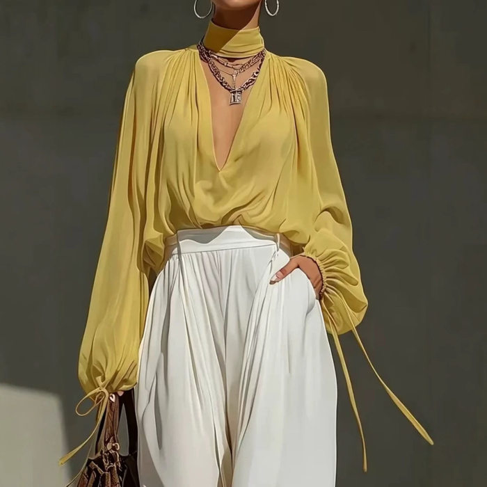 Mock Neck Deep V Puff Sleeve Chiffon Blouse With Long Drawstring For Spring Summer Daily Casual