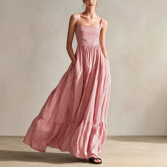 Striped Square Neck Spaghetti Strap Maxi Dress For Beach Vacation