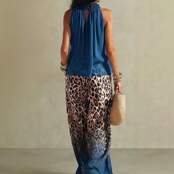 Sleeveless Halter Top & Gradient Leopard Wide Leg Pants Two Piece Set For Summer Casual