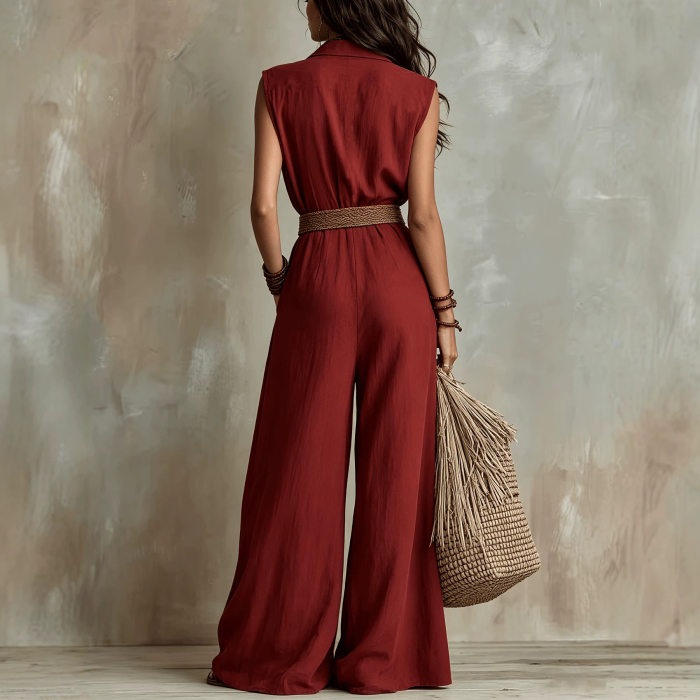Sleeveless Collared Belted Wide Leg Jumpsuit For Summer Commuting Casual