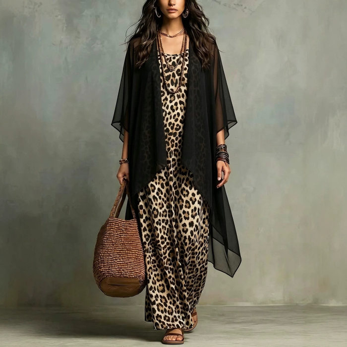 Leopard Print Spaghetti Strap Dress & Sheer Cover Up Two Piece Set For Beach Vacation