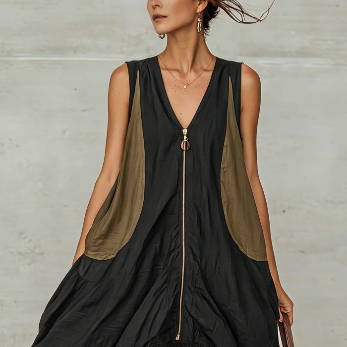 Boho Color Block Patchwork Sleeveless V Neck Midi Dress For Holiday Streetwear