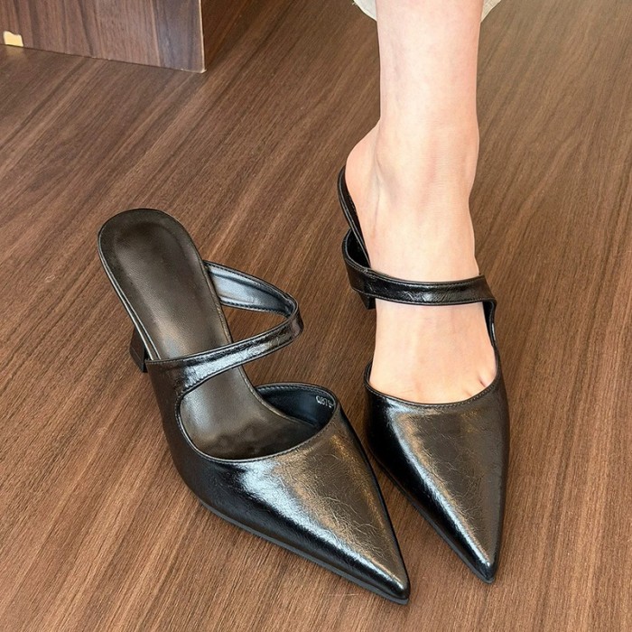 Retro Pointed Shallow Toe Thin Heel Slip On Sandal Slippers For Women Dating Evening Party