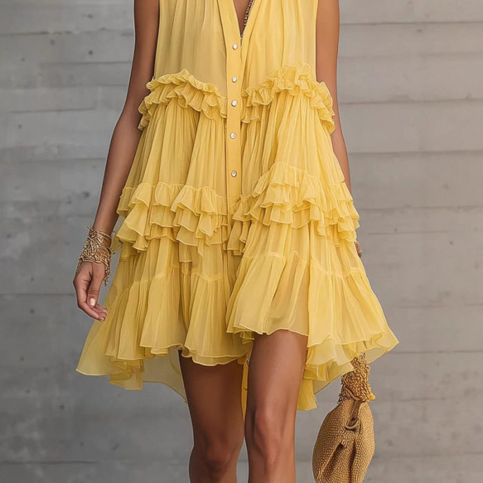 Stand Collar Button Front Ruffle Tiered Sleeveless Mini Dress For Summer Vacation Casual