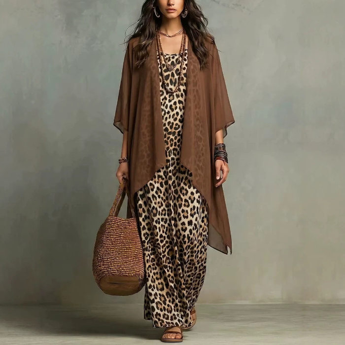 Leopard Print Spaghetti Strap Dress & Sheer Cover Up Two Piece Set For Beach Vacation