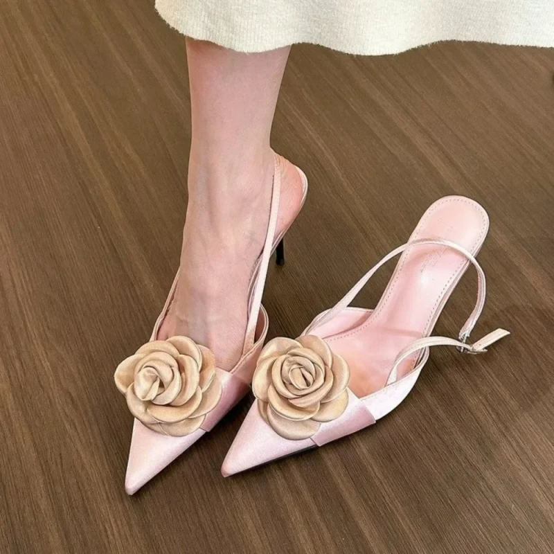 Floral Decor Pointed Toe Stiletto Mule Slides For Summer Dress & Daily Occasions