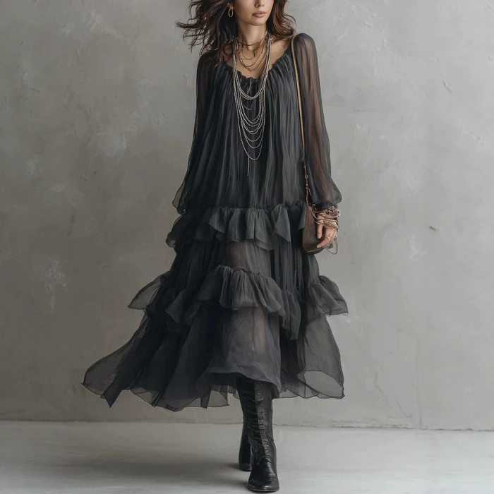 Dark Style Round Neck Sheer Chiffon Irregular Ruffle Tiered Maxi Dress For Evening Outing