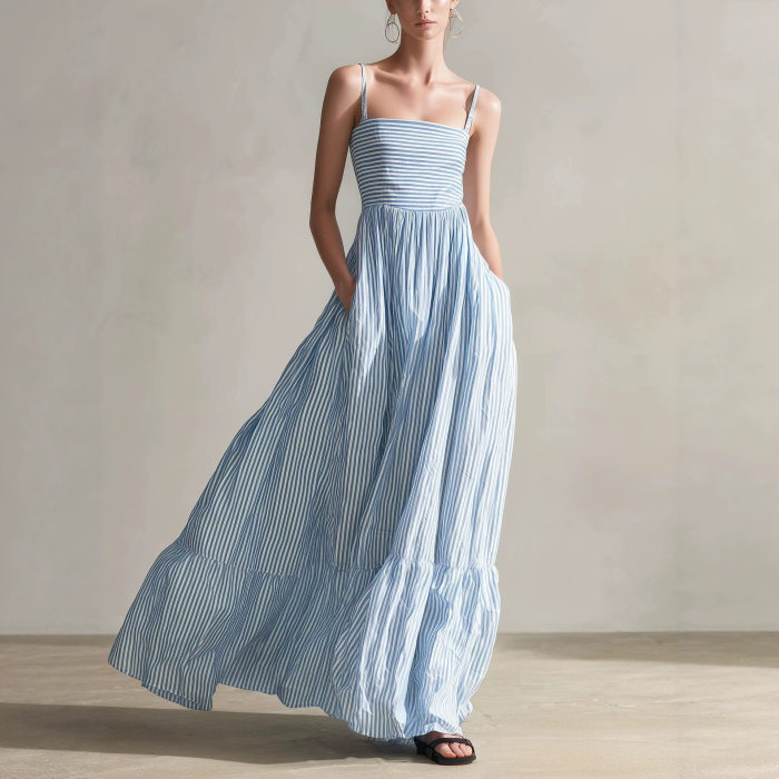 Striped Square Neck Spaghetti Strap Maxi Dress For Beach Vacation