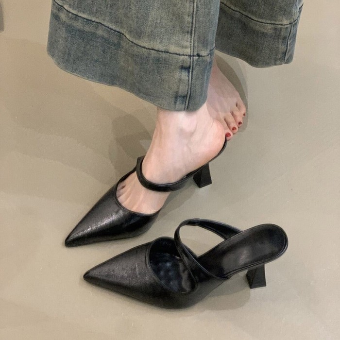 Retro Pointed Shallow Toe Thin Heel Slip On Sandal Slippers For Women Dating Evening Party