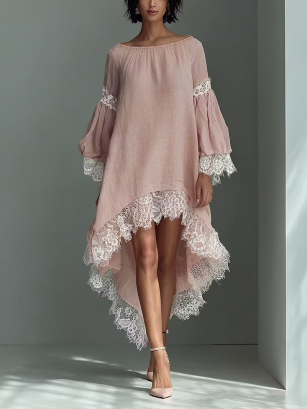 Vintage Lace Patchwork Round Neck Long Sleeve Asymmetrical High Low Hem Dress For Daily Outing