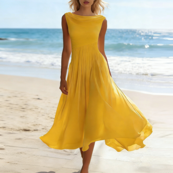 Solid Sleeveless Cowl Neck Ruched Waist A-Line Midi Dress For Party & Daily Wear