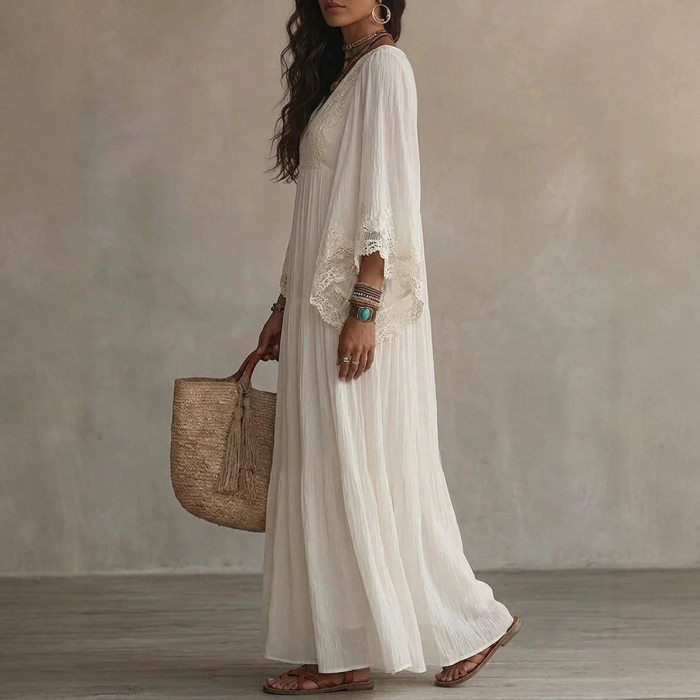 Solid V Neck Lace Trim Flowy Maxi Dress For Beach Holiday & Party