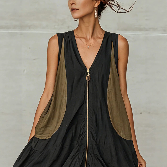 Boho Color Block Patchwork Sleeveless V Neck Midi Dress For Holiday Streetwear