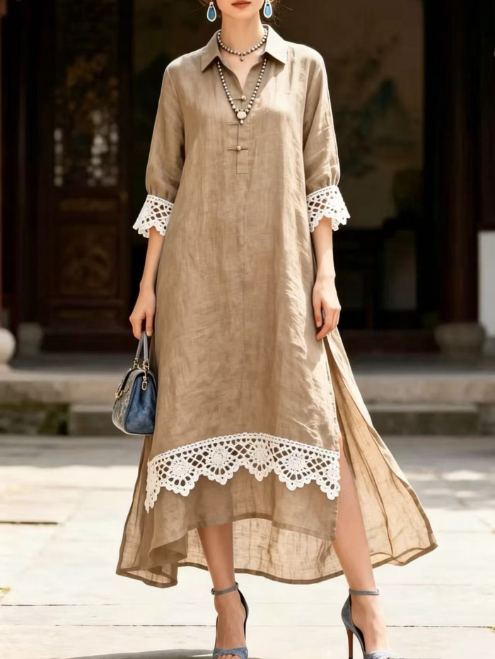 Elegant Turn-down Collar Crochet Lace Split Maxi Shirt Dress For Casual Vacation
