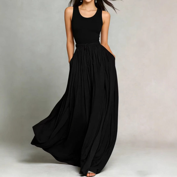 Solid O Neck A-Line Maxi Dress With Pockets For Daily Wear & Holiday