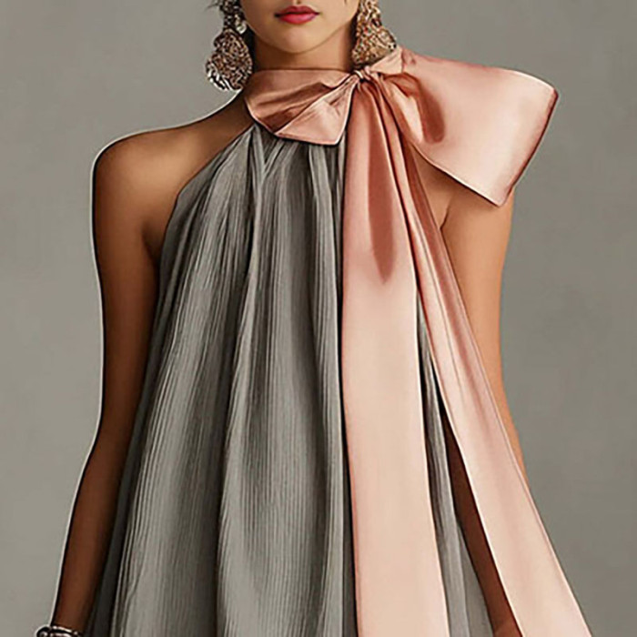 Elegant Bow Halter Crinkle A Line Mini Dress For Bridesmaid & Summer Party