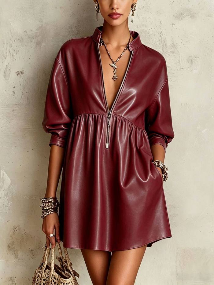 Faux Leather Stand Collar Zip Front Puff Sleeve A-Line Mini Dress For Casual Party Club