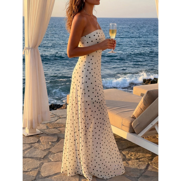 Elegant Off Shoulder Sleeveless Polka Dot High Waist A-Line Long Dress For Summer Daily