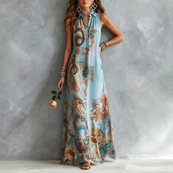Elegant Sleeveless Printed Turndown Collar Long Dress For Summer Boho Casual