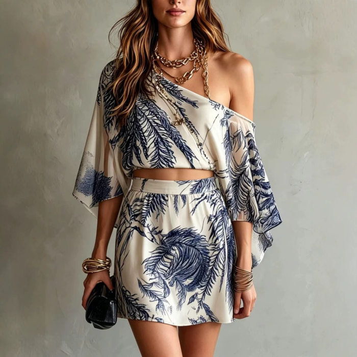 Print One Shoulder Bat Sleeve Top & High Waist Mini Skirt Two Piece Set For Summer Casual