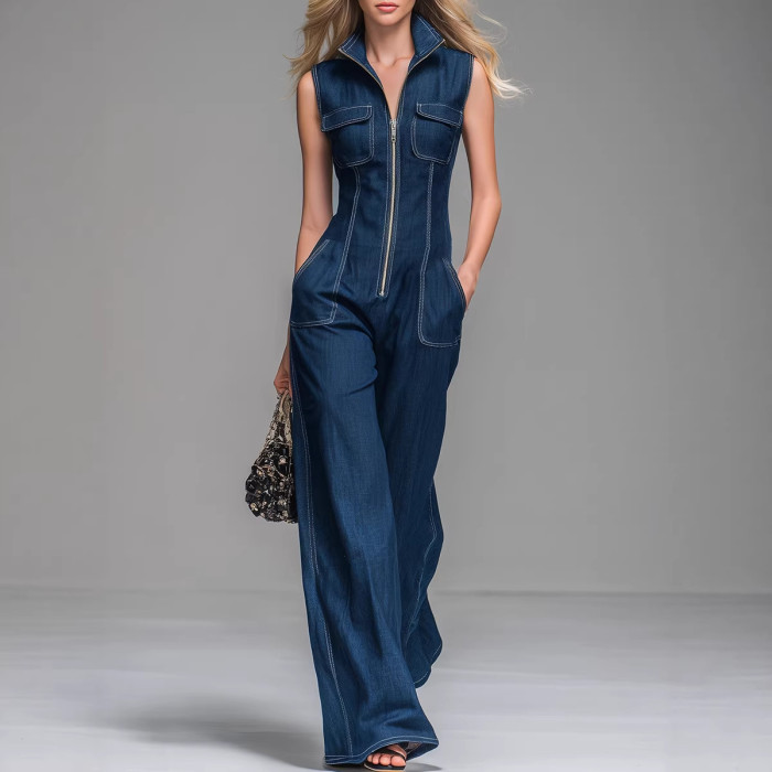 Sleeveless High Waist Wide Leg Denim Cargo Jumpsuit With Front Zipper & Pockets For Daily Work Casual