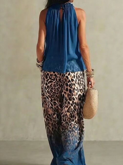 Sleeveless Halter Top & Gradient Leopard Wide Leg Pants Two Piece Set For Summer Casual