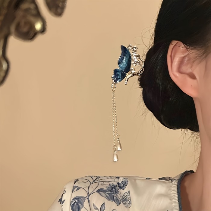 New Chinese Style Blue Butterfly Rhinestone Tassel Hairpin For Tea Events And Hanfu Photoshoots