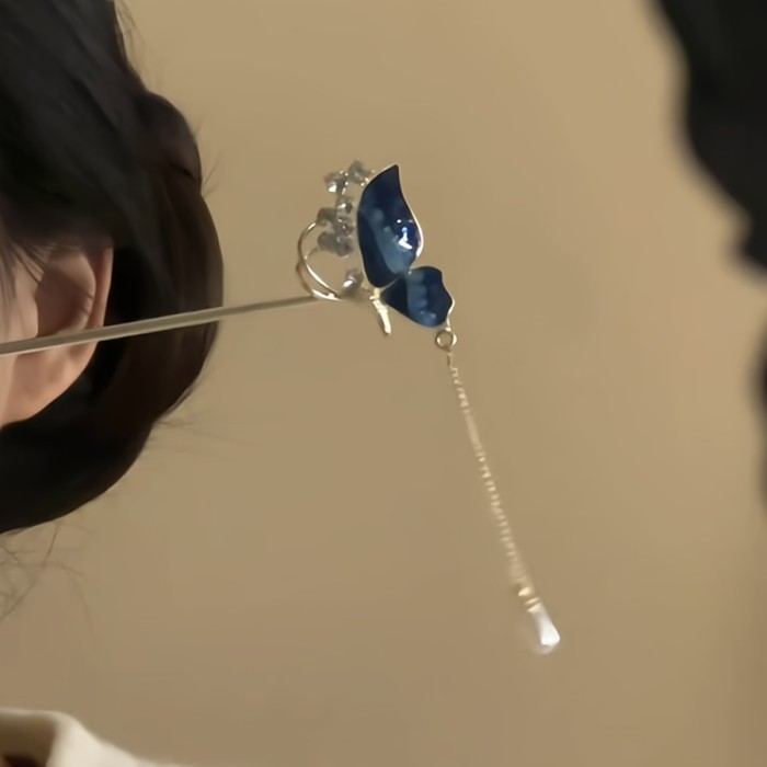 New Chinese Style Blue Butterfly Rhinestone Tassel Hairpin For Tea Events And Hanfu Photoshoots