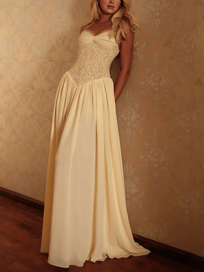 Vintage Spaghetti Strap Pleated Floor Length Dress For Wedding Guest & Evening Events