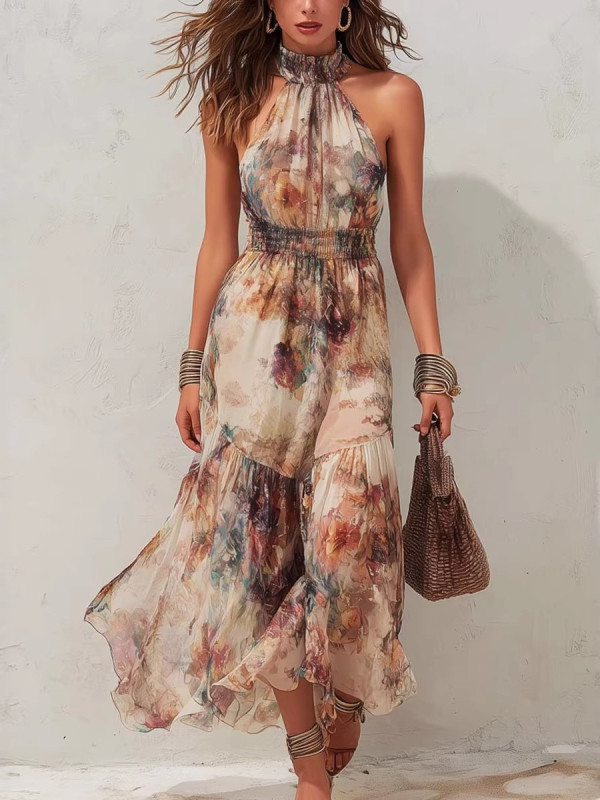 Elegant Halter Off Shoulder Floral Long Dress For Party & Beach