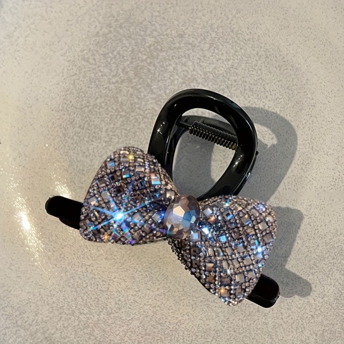 Luxury Flocked Bow Rhinestone Hair Clip, Elegant Black Headwear For Women