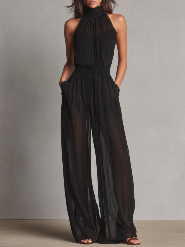 Elegant Sleeveless Halter Wide Leg Jumpsuit For Holiday Street Casual