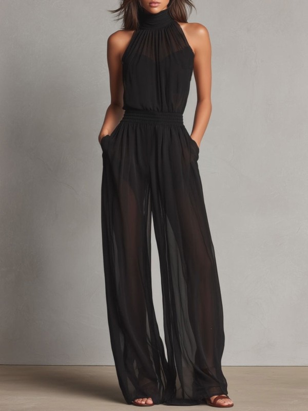 Elegant Sleeveless Halter Wide Leg Jumpsuit For Holiday Street Casual