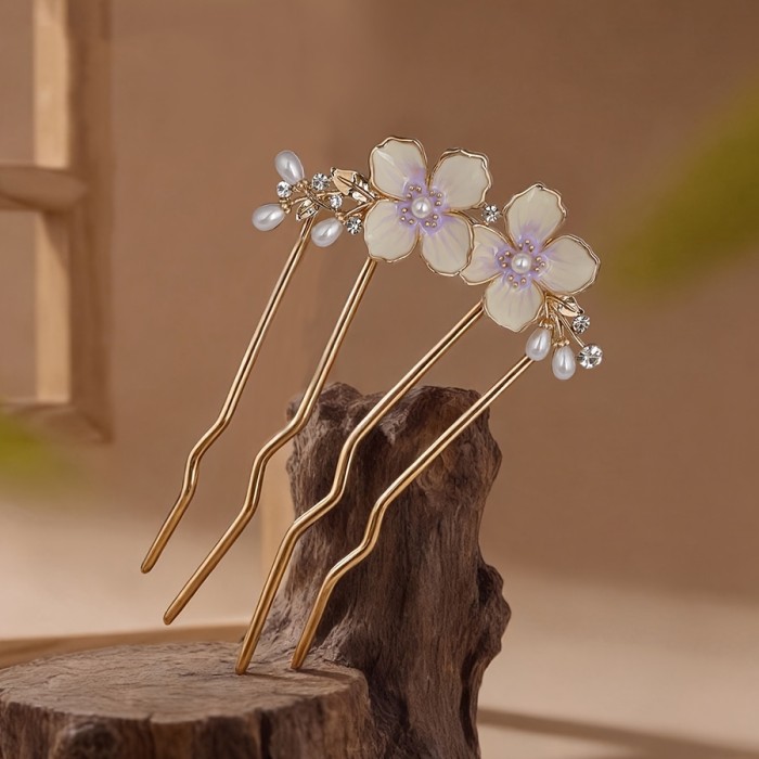 Gradient Floral Pearl Rhinestone Hair Comb, New Chinese Vintage Elegant Hair Accessory