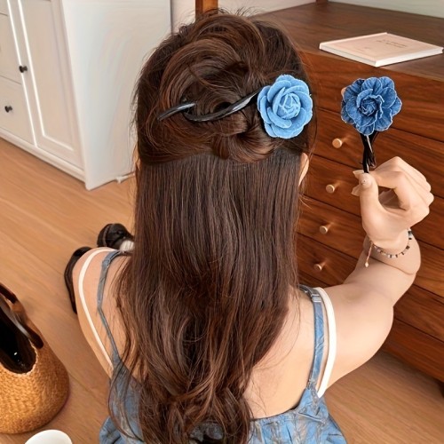 Blue Denim Floral Twist Barrette For Daily Strolls And Dating Occasions