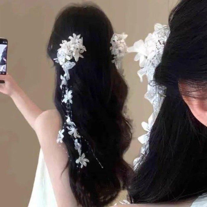 White Floral Tassel Lace Bow Hair Clip, Flower Hairpiece for Weddings and Special Occasions