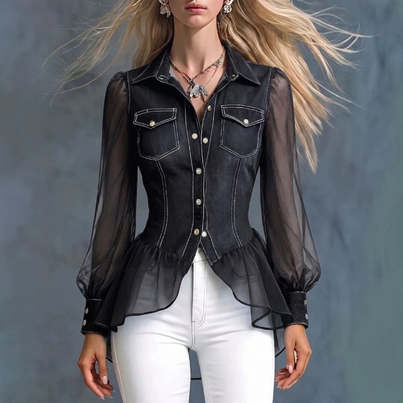 Vintage Contrast Tulle Denim Blouse With Lantern Sleeves For Party Daily
