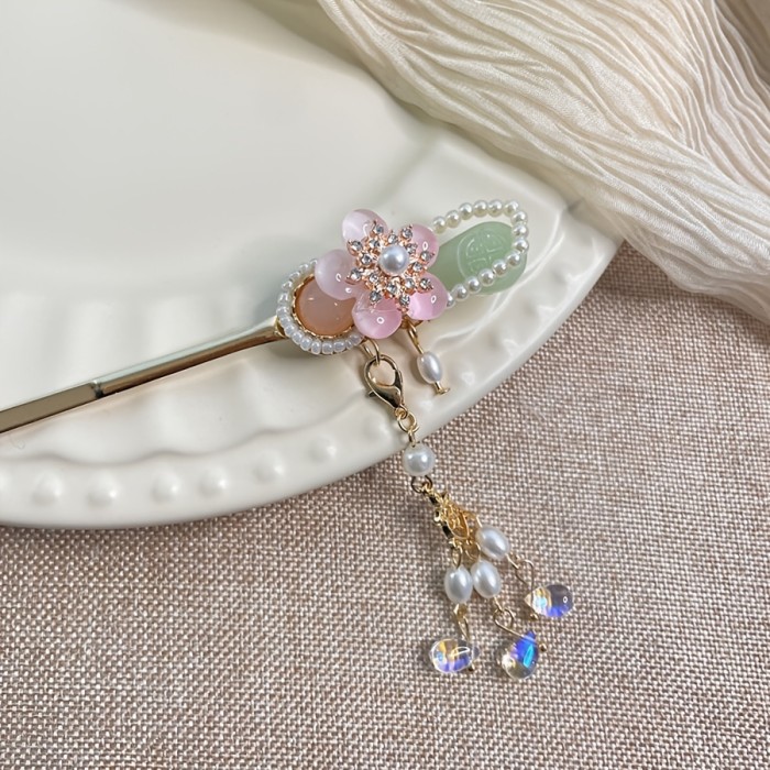 Pink Floral Tassel Elegant National Style Hairpin For Daily & Events