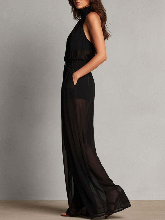 Elegant Sleeveless Halter Wide Leg Jumpsuit For Holiday Street Casual