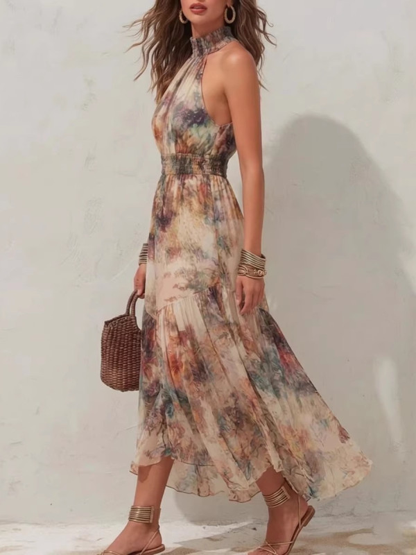 Elegant Halter Off Shoulder Floral Long Dress For Party & Beach