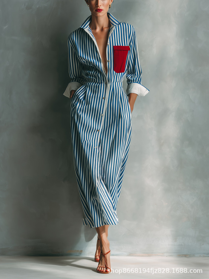 Vintage Striped Turn Down Collar Shirt Midi Dress For Resort Travel Casual