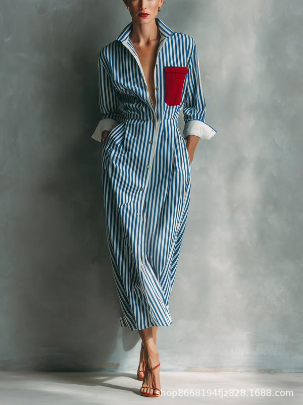 Vintage Striped Turn Down Collar Shirt Midi Dress For Resort Travel Casual