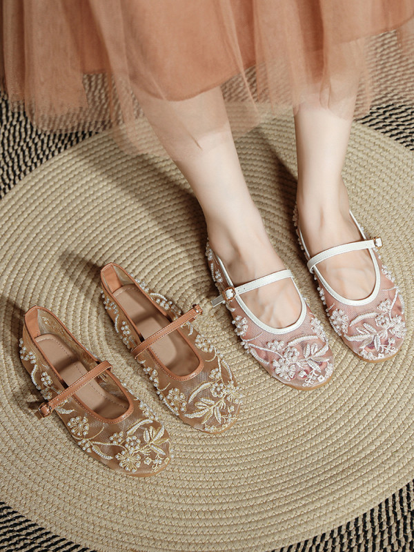 Embroidered Pearl Mesh Round Toe Mary Jane Flats For Summer Casual