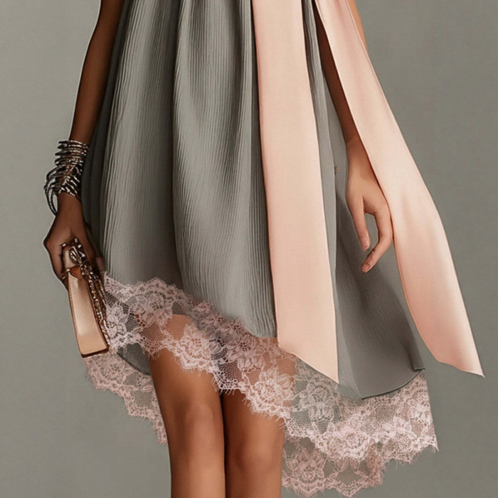 Elegant Bow Halter Crinkle A Line Mini Dress For Bridesmaid & Summer Party
