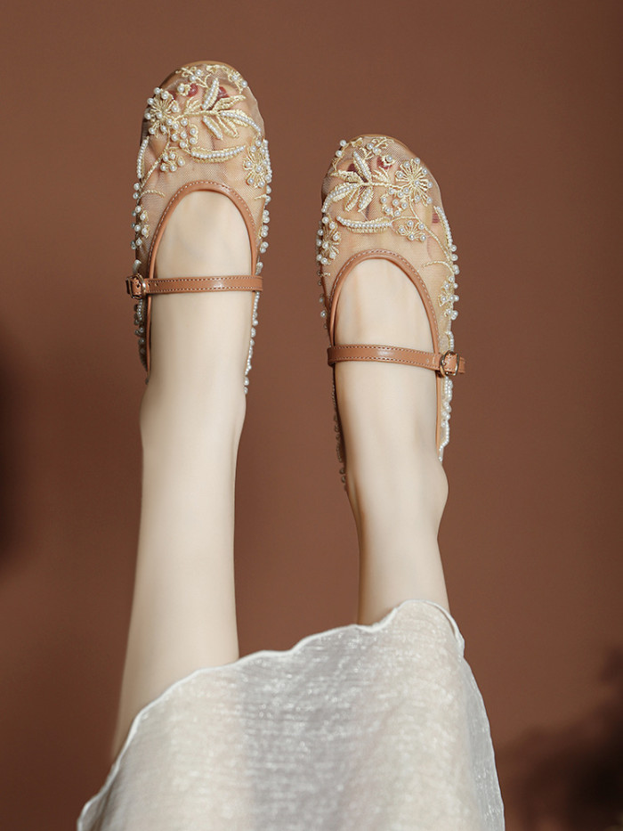 Embroidered Pearl Mesh Round Toe Mary Jane Flats For Summer Casual
