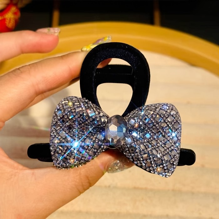 Luxury Flocked Bow Rhinestone Hair Clip, Elegant Black Headwear For Women