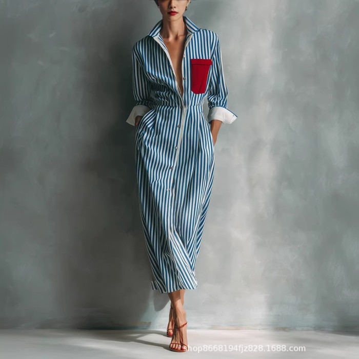 Vintage Striped Turn Down Collar Shirt Midi Dress For Resort Travel Casual