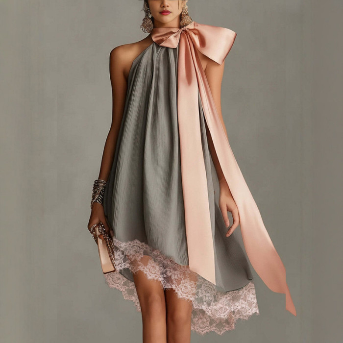Elegant Bow Halter Crinkle A Line Mini Dress For Bridesmaid & Summer Party